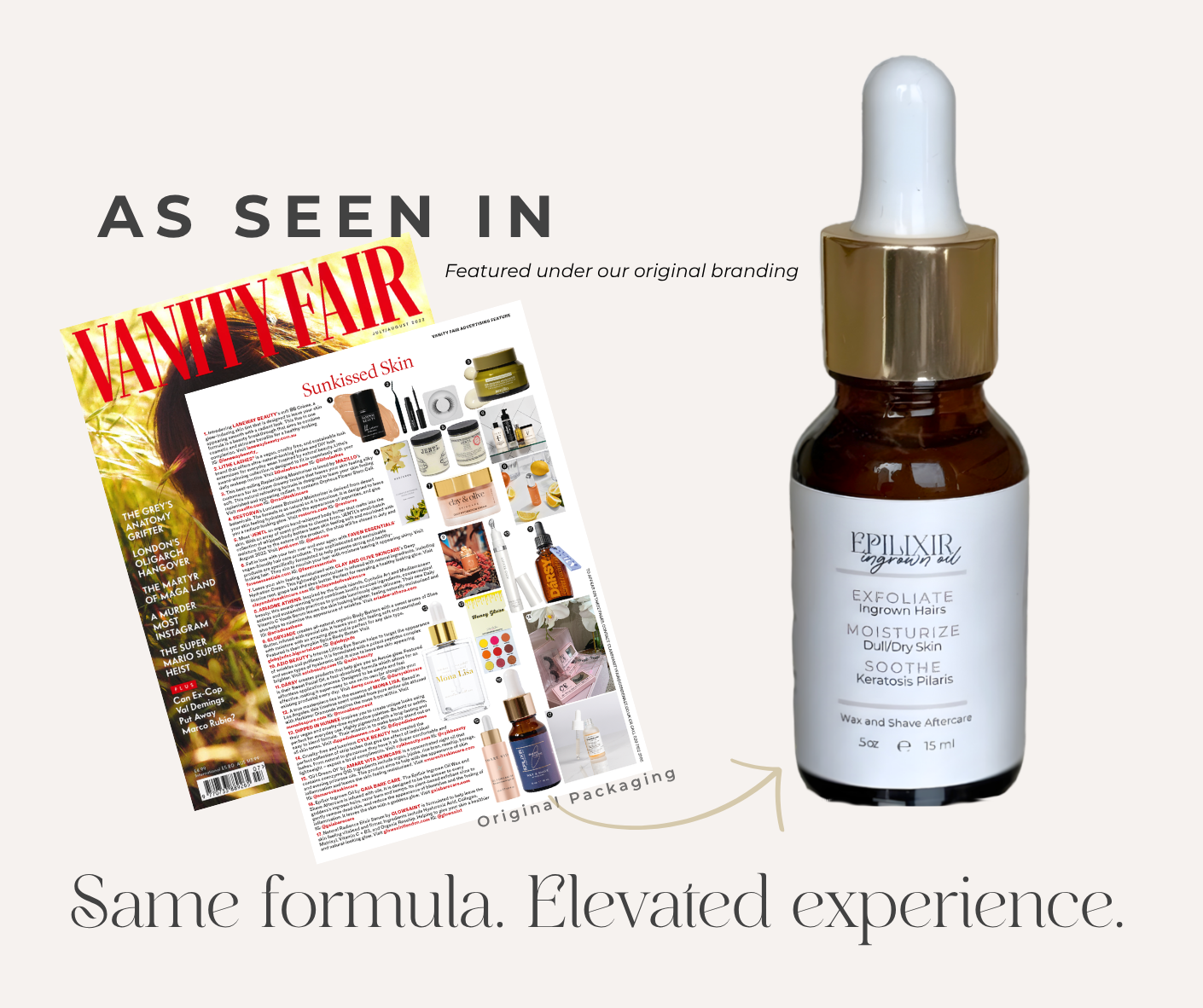 Epilixir Ingrown oil bottle with Vanity Fair magazine featuring the brand on a white background.