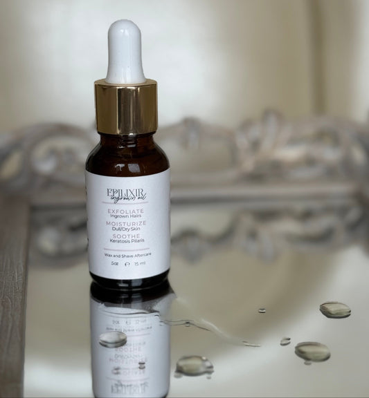 Skincare bottle with dropper on reflective surface.