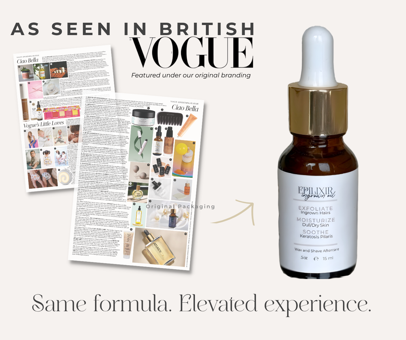 Epilixir ingrown oil bottle with dropper and magazine page featuring the brand, labeled 'As seen in British Vogue'.